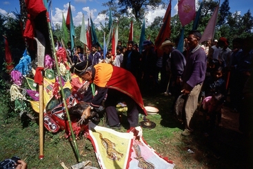 毕摩用鸡冠血为面具开光，使面具成为大神