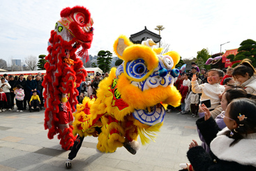 《舞狮迎新春》6-1、2025年1月30日，浙江金华，游人在金华市婺州古城景区万佛塔广场观看舞狮表演。